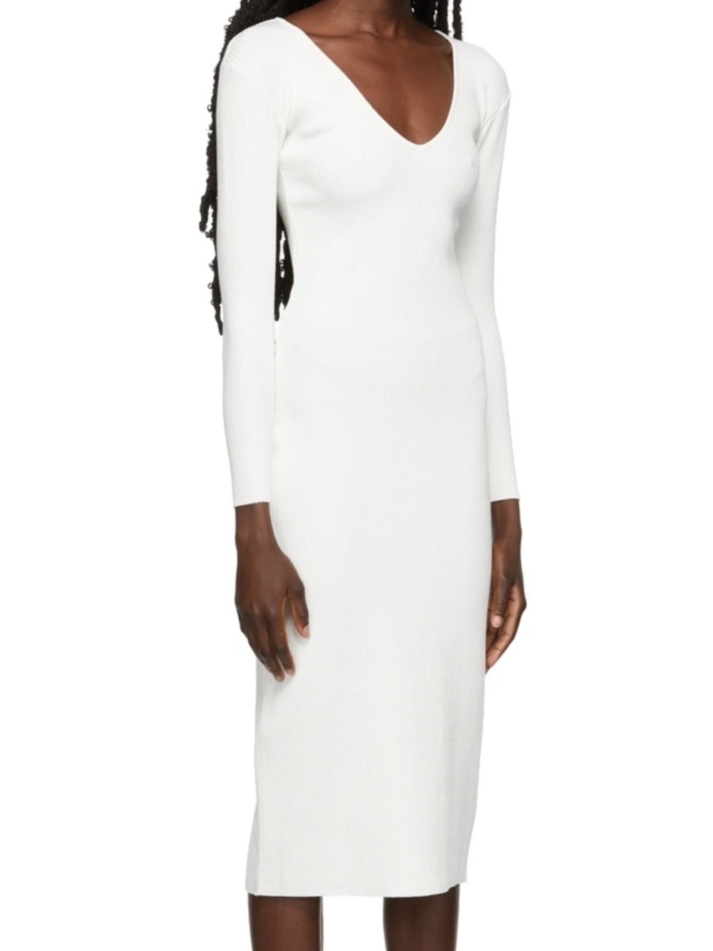 VINCE White Ribbed V-Neck Long Sleeve Midi Dress